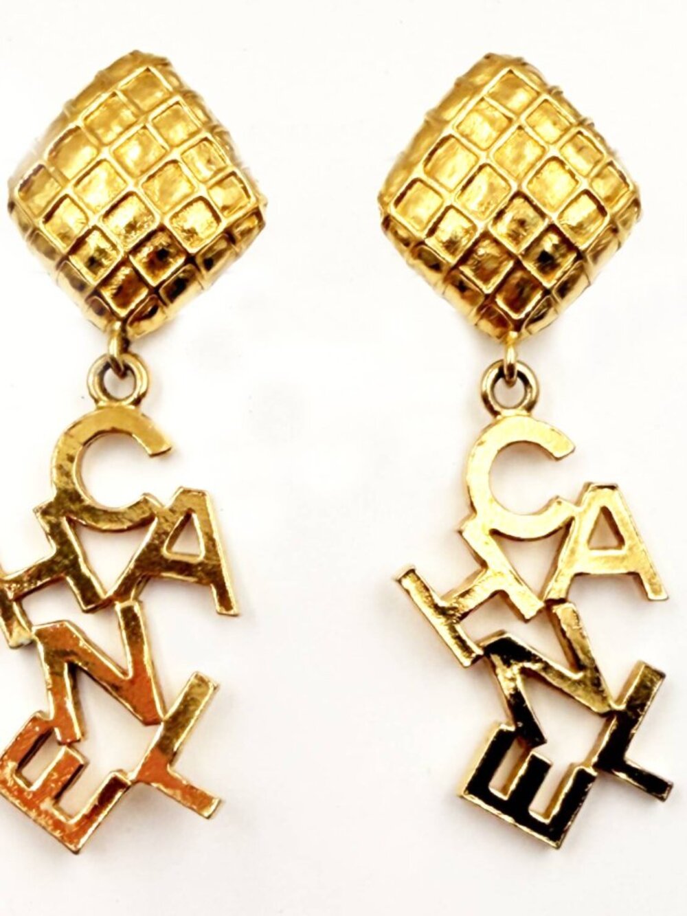 Chanel Vintage Gold Plated Quilted Argyle Letter Drop Clip on Earrings